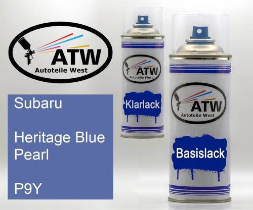 Subaru, Heritage Blue Pearl, P9Y: 400ml Sprühdose + 400ml Klarlack - Set, von ATW Autoteile West.